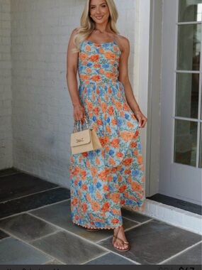 Smocked Floral Maxi Dress in Orange & Blue